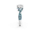 White gold Radiant Cut Diamond with Blue Topaz side stone Halo Twist Band Solitaire Prong Setting Ring_44