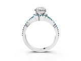 White gold Radiant Cut Diamond with Blue Topaz side stone Halo Twist Band Solitaire Prong Setting Ring_45