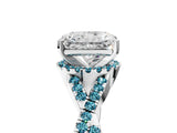 White gold Radiant Cut Diamond with Blue Topaz side stone Halo Twist Band Solitaire Prong Setting Ring_47