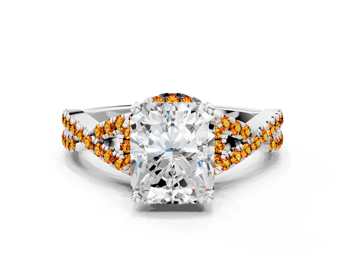 White gold Radiant Cut Diamond with Citrine side stone Halo Twist Band Solitaire Prong Setting Ring_12