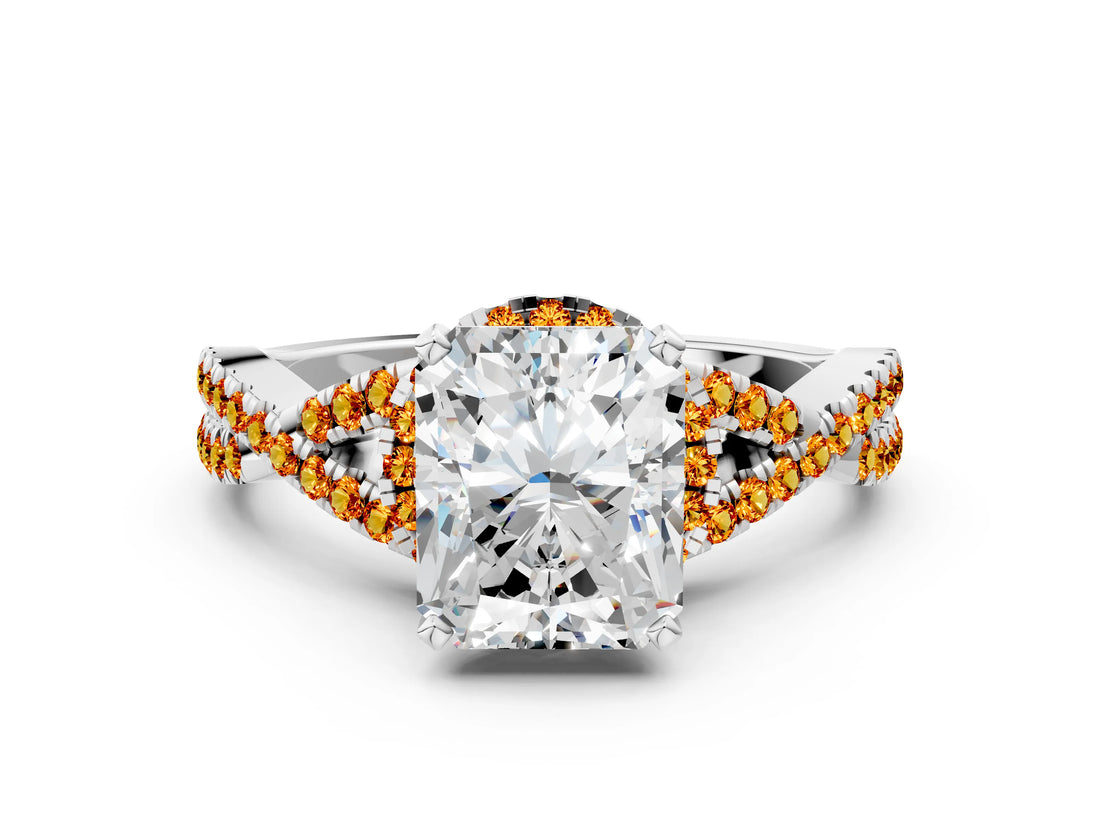 White gold Radiant Cut Diamond with Citrine side stone Halo Twist Band Solitaire Prong Setting Ring_25