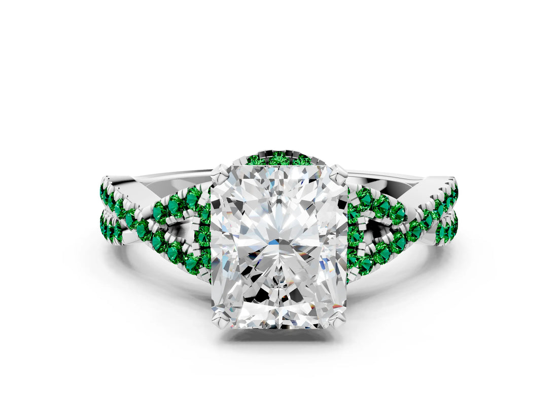 White gold Radiant Cut Diamond with Emerald side stone Halo Twist Band Solitaire Prong Setting Ring_31