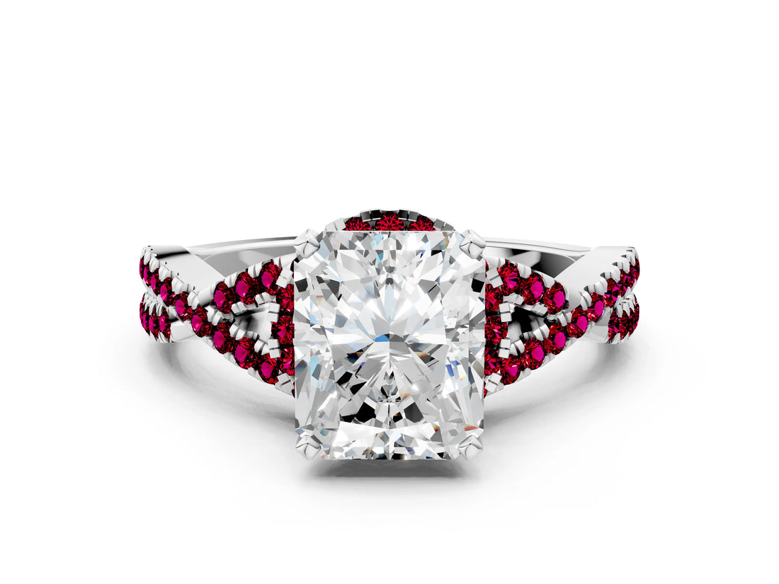 White gold Radiant Cut Diamond with Garnet side stone Halo Twist Band Solitaire Prong Setting Ring_12
