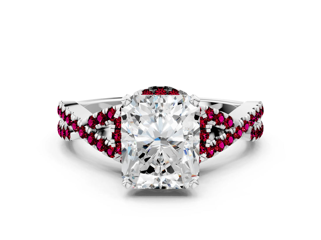 White gold Radiant Cut Diamond with Garnet side stone Halo Twist Band Solitaire Prong Setting Ring_30