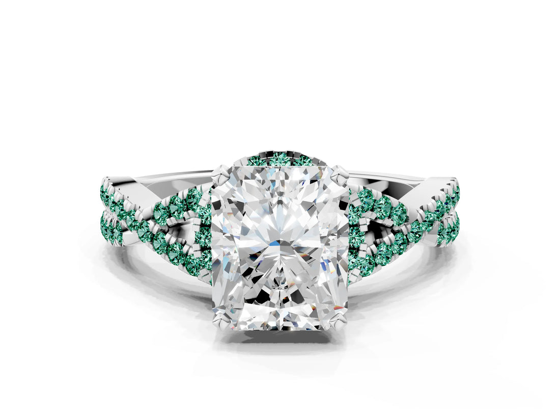 White gold Radiant Cut Diamond with Green Sapphire side stone Halo Twist Band Solitaire Prong Setting Ring_12