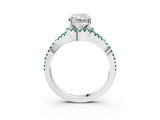 White gold Radiant Cut Diamond with Green Sapphire side stone Halo Twist Band Solitaire Prong Setting Ring_15