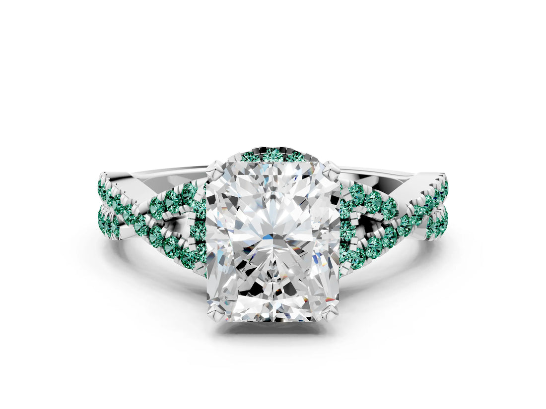 White gold Radiant Cut Diamond with Green Sapphire side stone Halo Twist Band Solitaire Prong Setting Ring_30
