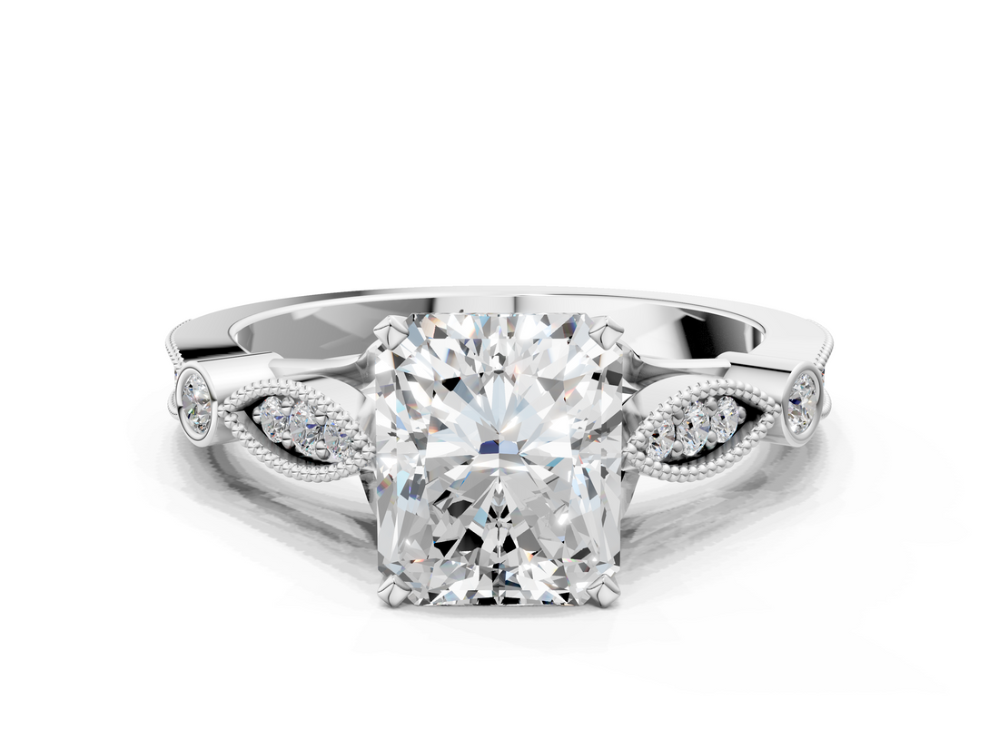 White gold Radiant Cut Diamond with Milgrain Marquise and Bezel Accents on a Solitaire Band with Prong Setting_285