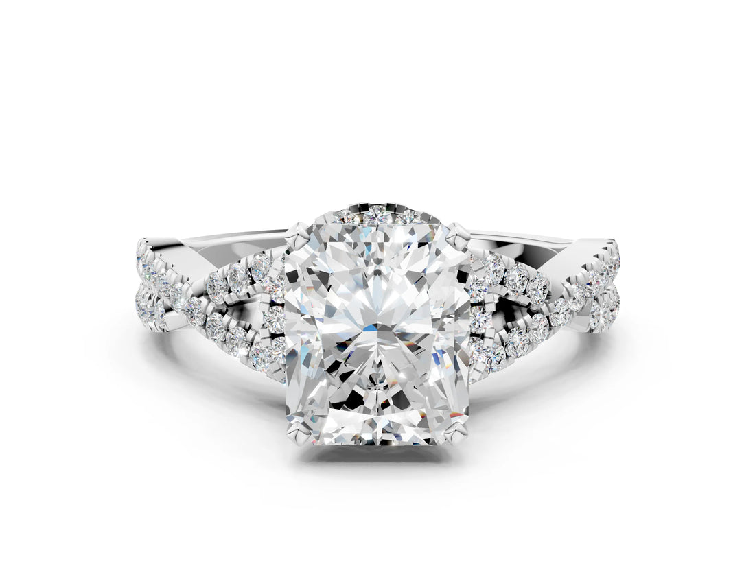 White gold Radiant Cut Diamond with Moissanite side stone Halo Twist Band Solitaire Prong Setting Ring_30
