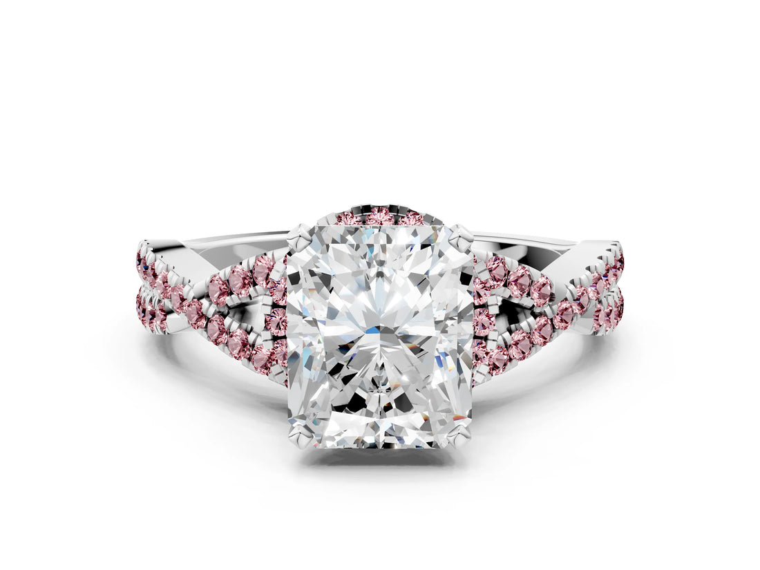 White gold Radiant Cut Diamond with Morganite side stone Halo Twist Band Solitaire Prong Setting Ring_12