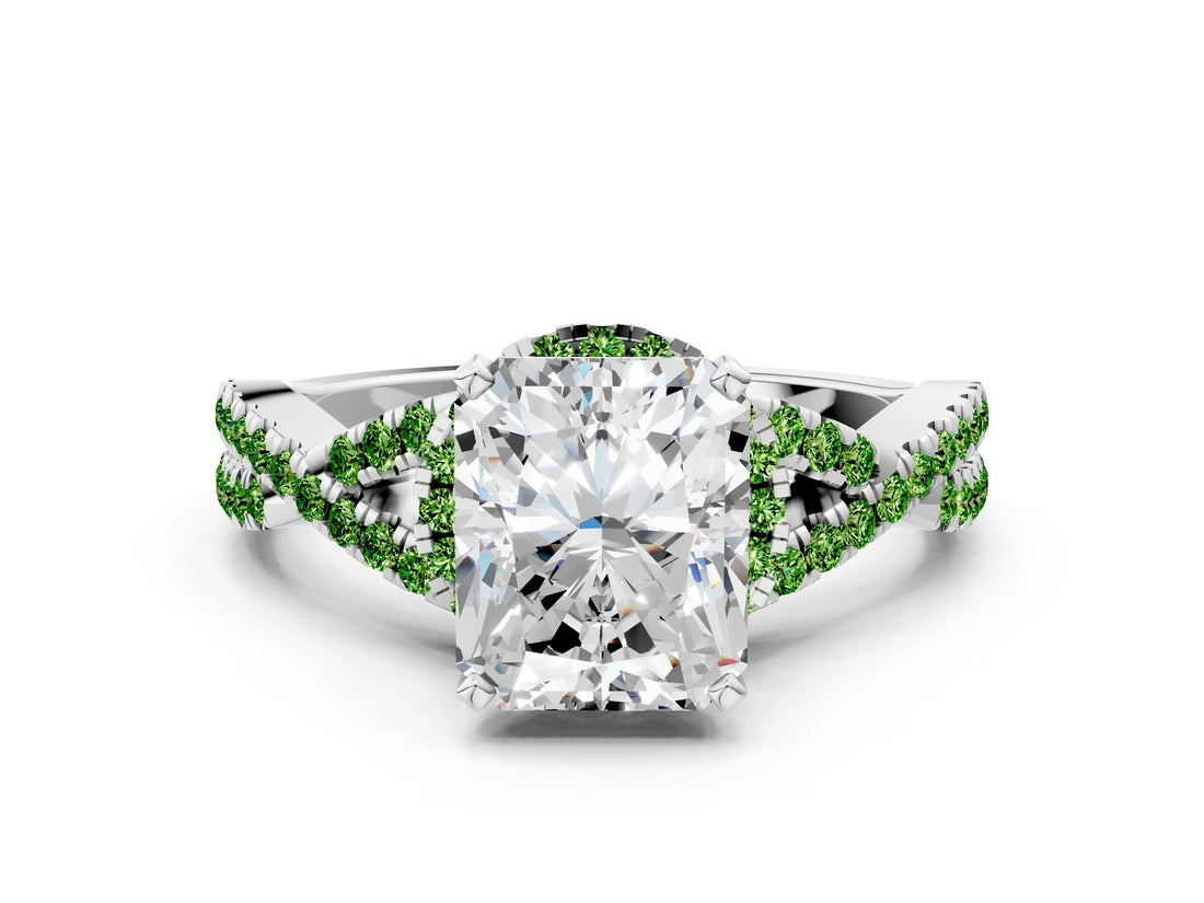 White gold Radiant Cut Diamond with Peridot side stone Halo Twist Band Solitaire Prong Setting Ring_12