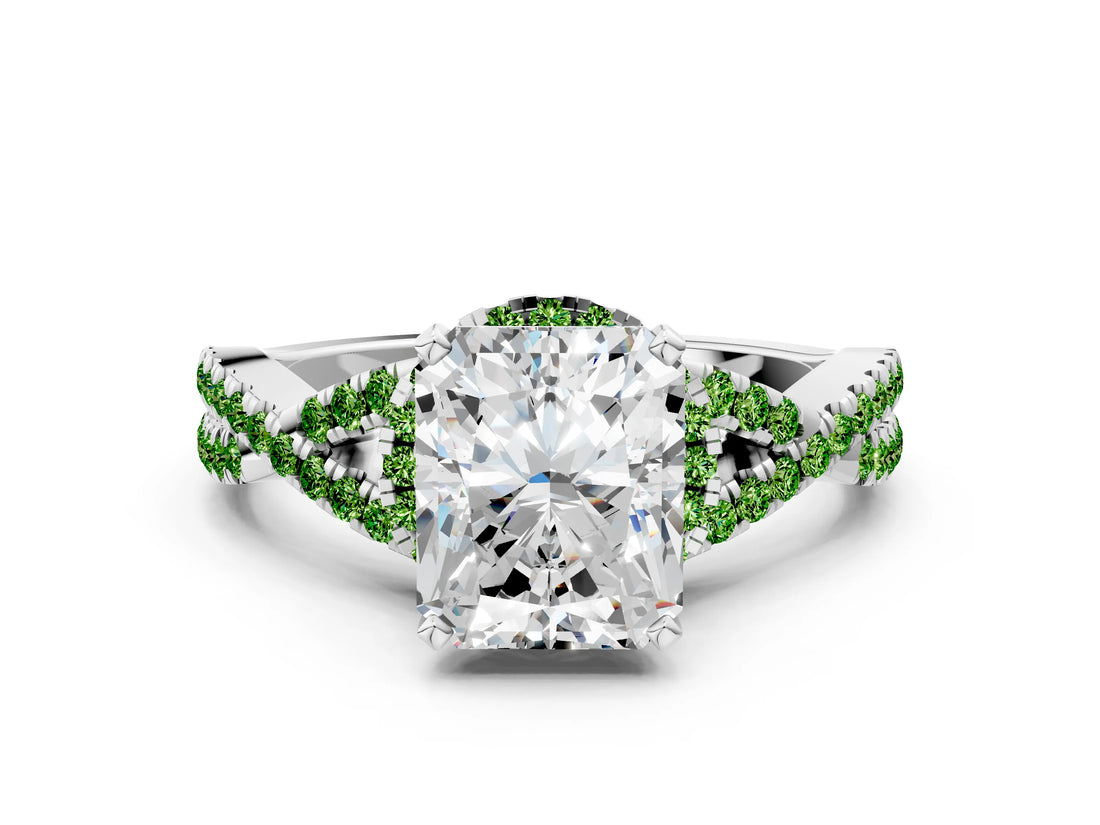 White gold Radiant Cut Diamond with Peridot side stone Halo Twist Band Solitaire Prong Setting Ring_30