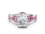 White gold Radiant Cut Diamond with Pink Sapphire side stone Halo Twist Band Solitaire Prong Setting Ring_12