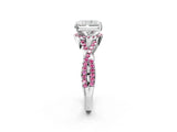 White gold Radiant Cut Diamond with Pink Sapphire side stone Halo Twist Band Solitaire Prong Setting Ring_14