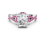 White gold Radiant Cut Diamond with Pink Sapphire side stone Halo Twist Band Solitaire Prong Setting Ring_24