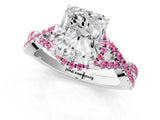 White gold Radiant Cut Diamond with Pink Sapphire side stone Halo Twist Band Solitaire Prong Setting Ring_25