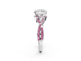 White gold Radiant Cut Diamond with Pink Sapphire side stone Halo Twist Band Solitaire Prong Setting Ring_26