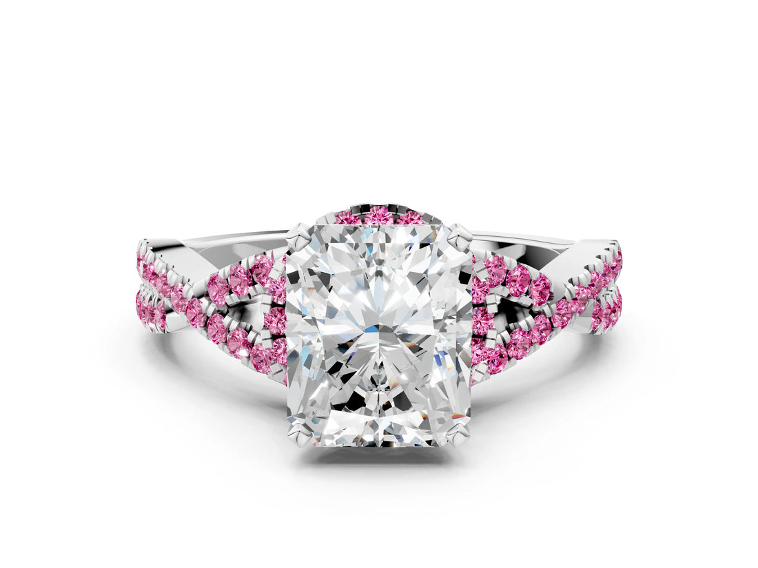 White gold Radiant Cut Diamond with Pink Sapphire side stone Halo Twist Band Solitaire Prong Setting Ring_30