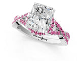 White gold Radiant Cut Diamond with Pink Sapphire side stone Halo Twist Band Solitaire Prong Setting Ring_31