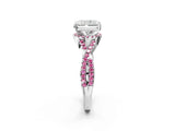 White gold Radiant Cut Diamond with Pink Sapphire side stone Halo Twist Band Solitaire Prong Setting Ring_32