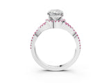 White gold Radiant Cut Diamond with Pink Sapphire side stone Halo Twist Band Solitaire Prong Setting Ring_33