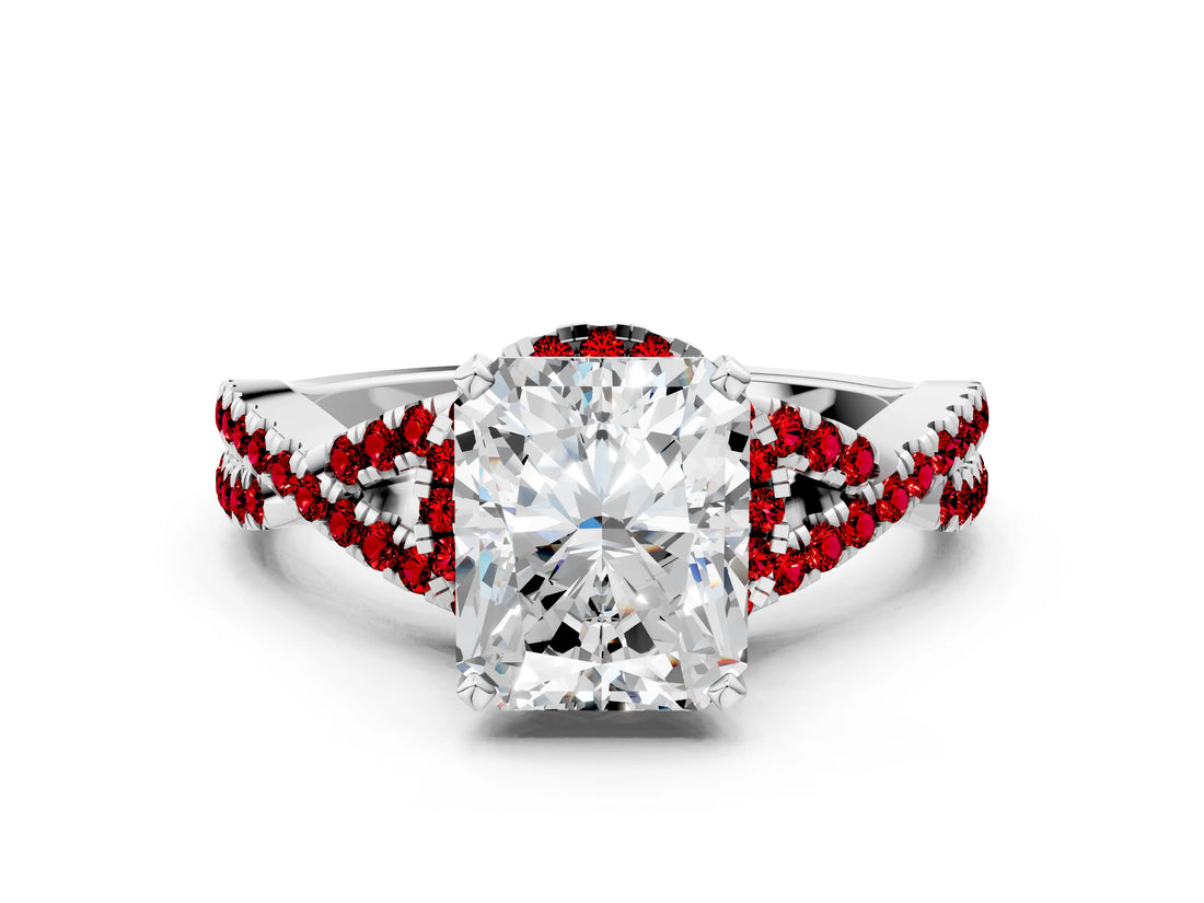 White gold Radiant Cut Diamond with Ruby side stone Halo Twist Band Solitaire Prong Setting Ring_12