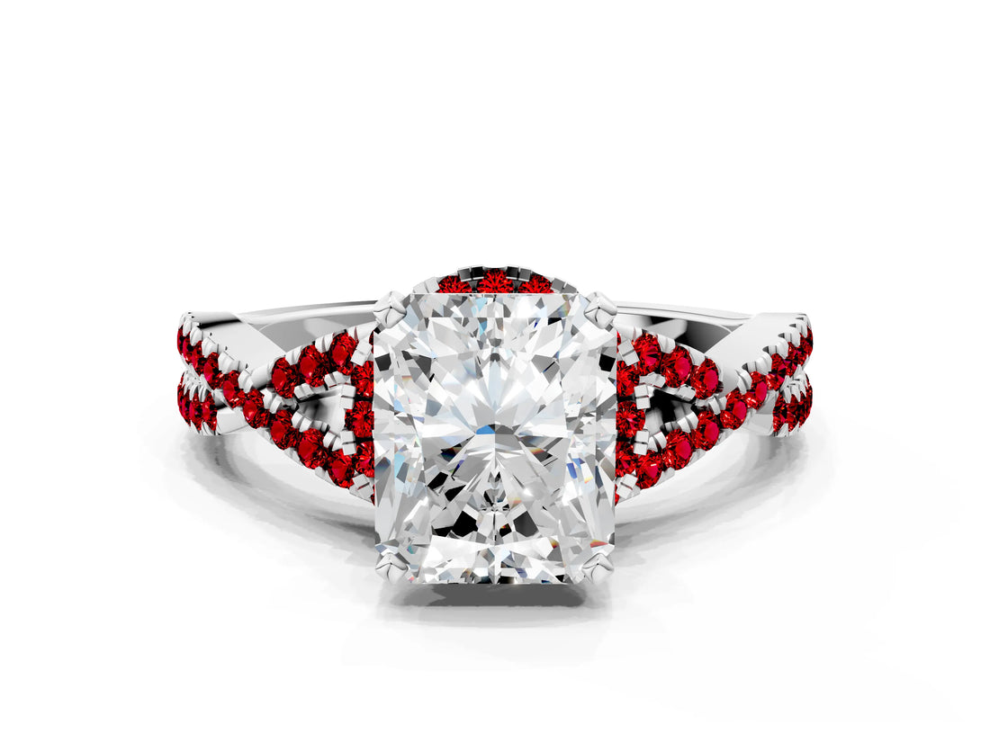 White gold Radiant Cut Diamond with Ruby side stone Halo Twist Band Solitaire Prong Setting Ring_24