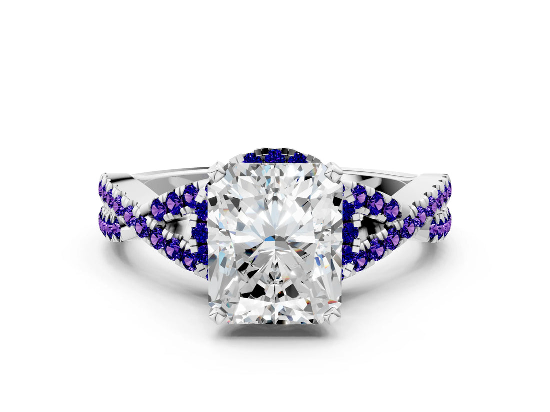 White gold Radiant Cut Diamond with Tanzanite side stone Halo Twist Band Solitaire Prong Setting Ring_24