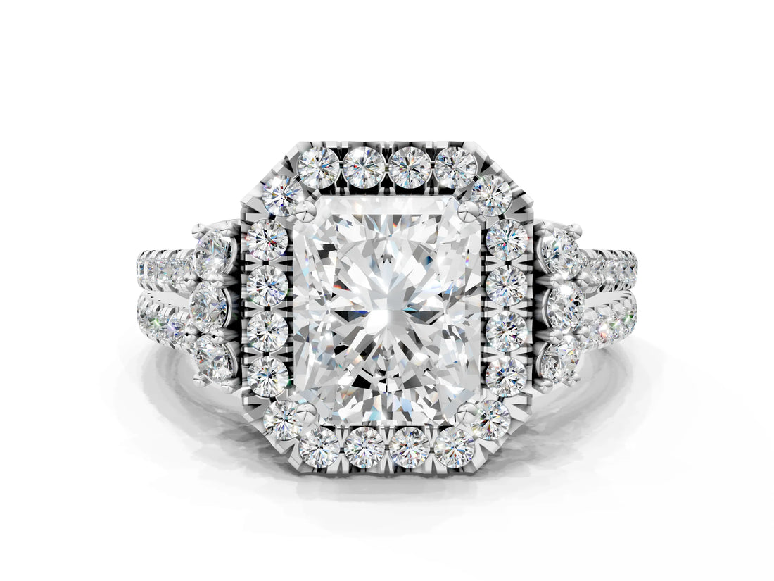 White gold Radiant Cut Double Halo Diamond Engagement Ring with Pave Band and Four-Prong Setting_42
