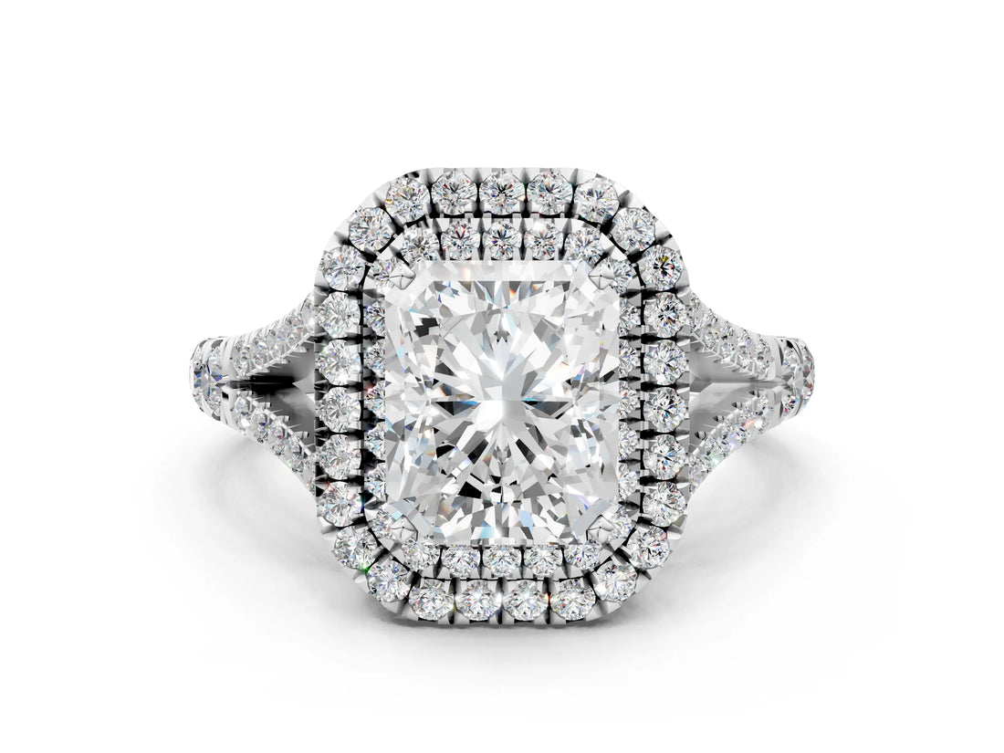 White gold Radiant Cut Double Halo Split Shank Diamond Ring with Prong Setting_49