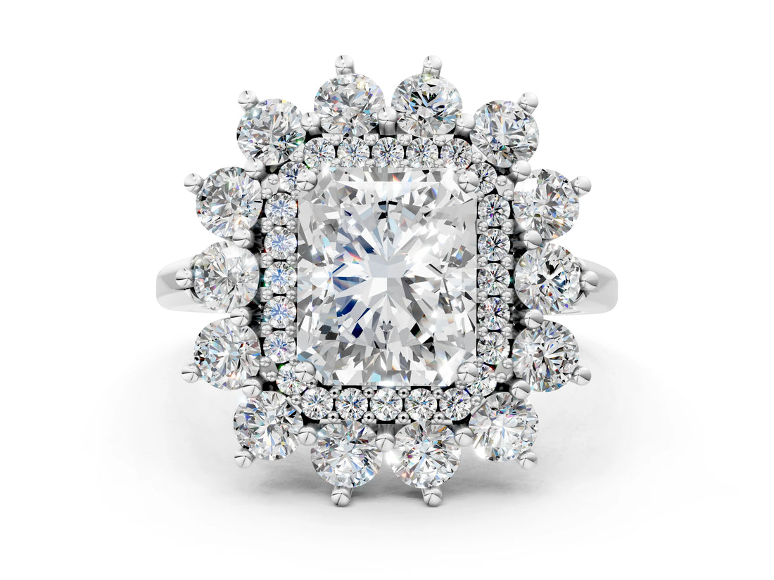 White gold Radiant Cut Halo Cluster Diamond Ring with Pave Band and Four-Prong Setting_19