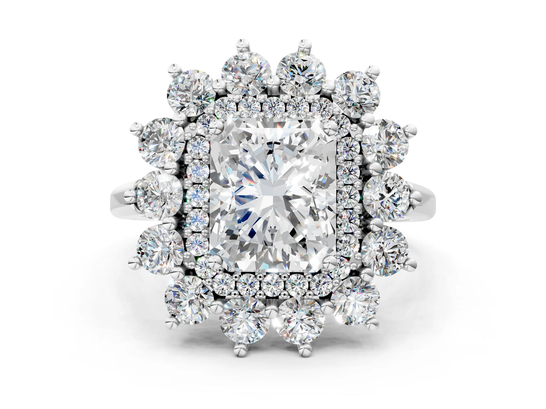 White gold Radiant Cut Halo Cluster Diamond Ring with Pave Band and Four-Prong Setting_7