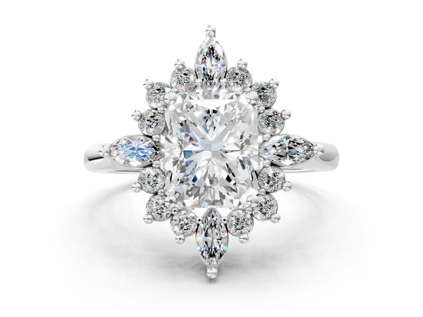White gold Oval Cut Starburst Halo Engagement Ring Setting with Marquise and Round Accents