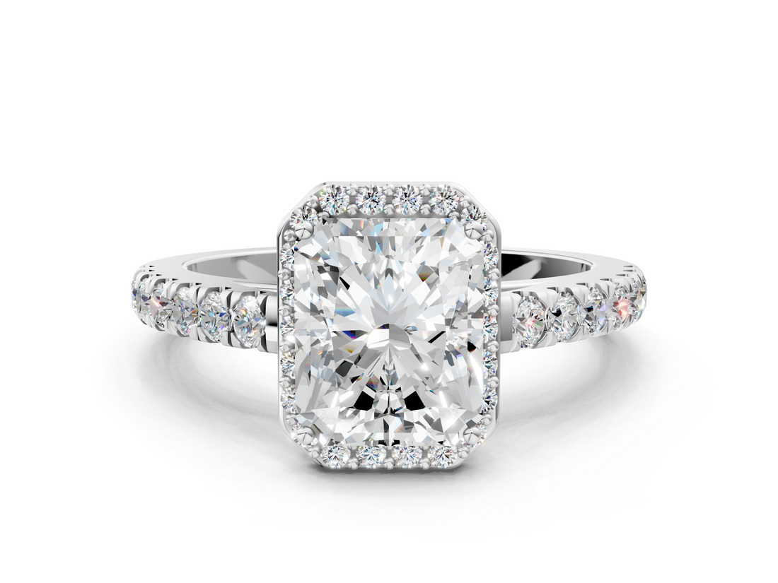 White gold Radiant Cut Halo Diamond Engagement Ring with Pave Band and Four-Prong Setting_57