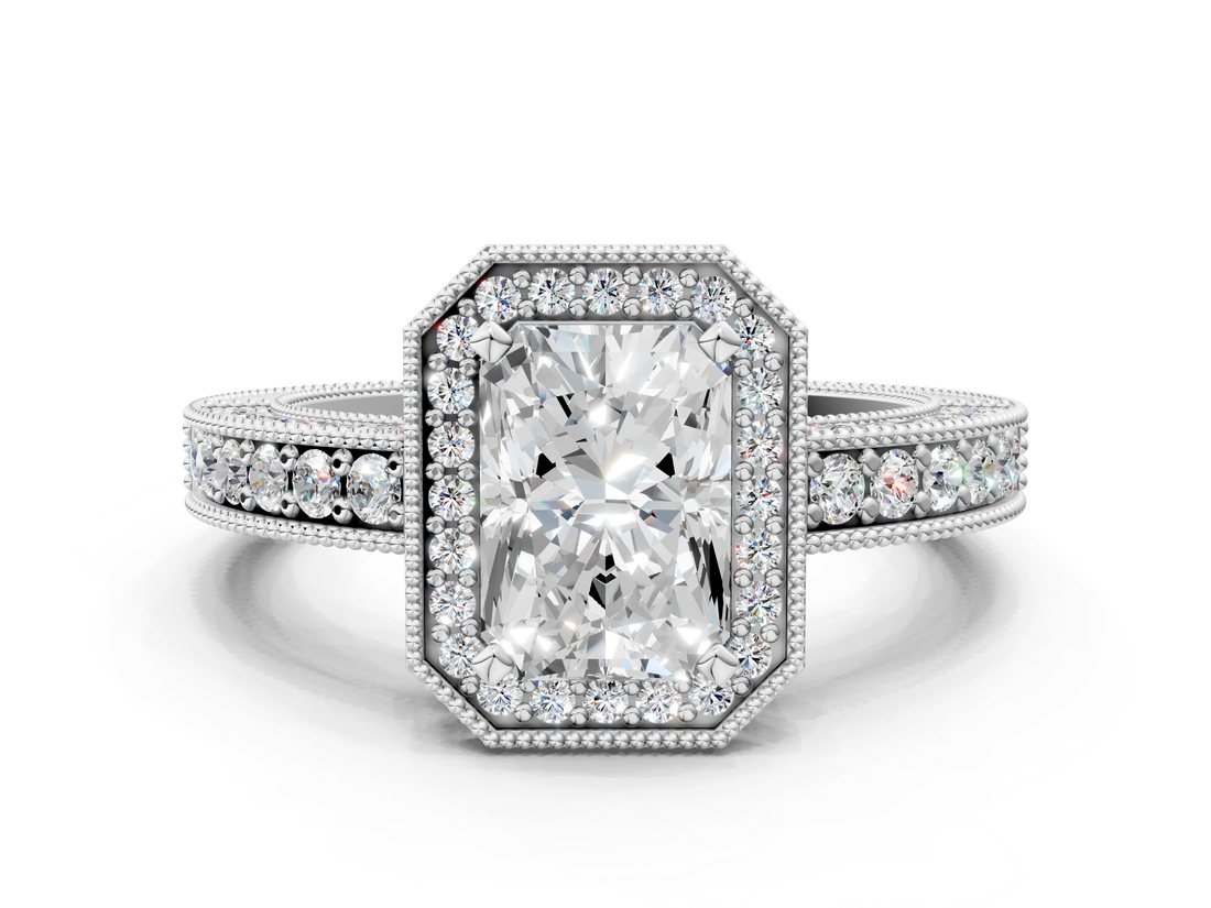 White gold Radiant Cut Halo Diamond Pave Band Ring with Four-Prong Setting_81