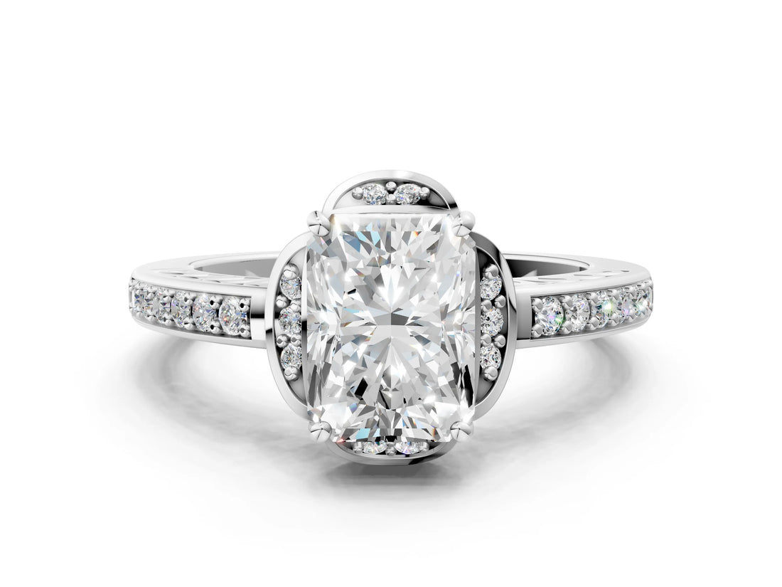 White gold Radiant Cut Halo Diamond Ring with Channel Set Band and Four-Prong Setting_32