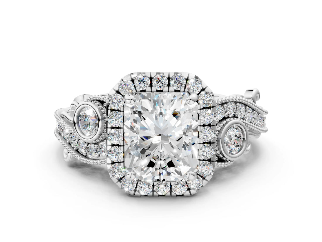 White gold Radiant Cut Halo Diamond Ring with Milgrain and Bezel Accents on a Split Shank Band_15