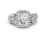 White gold Radiant Cut Halo Diamond Ring with Milgrain and Bezel Accents on a Split Shank Band_15