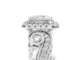 White gold Radiant Cut Halo Diamond Ring with Milgrain and Bezel Accents on a Split Shank Band_20