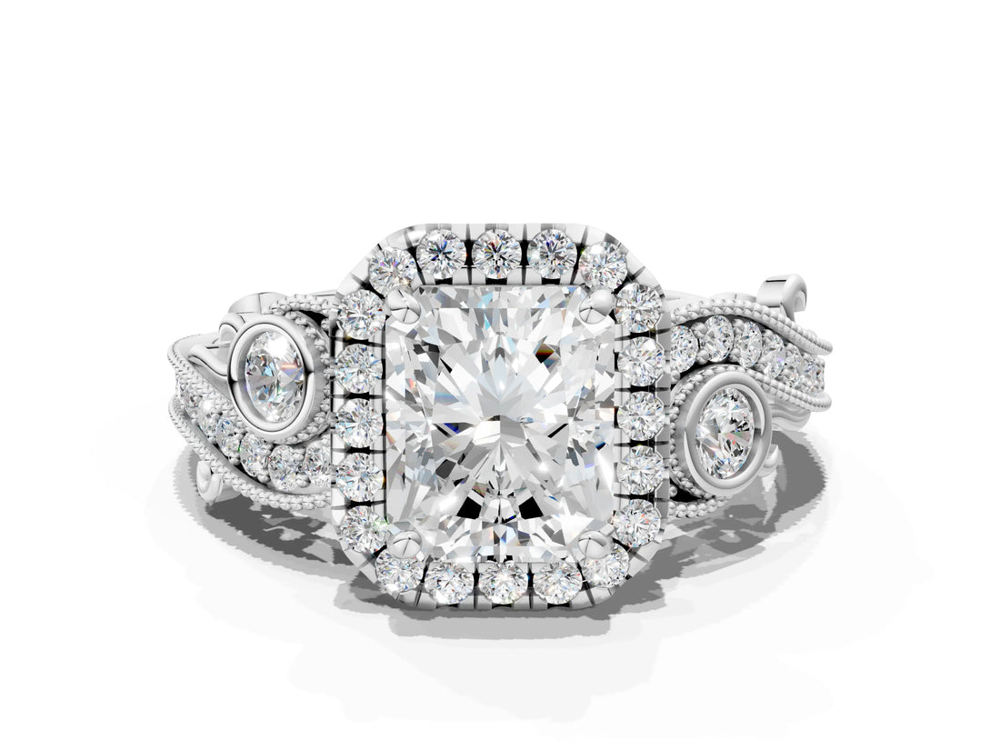 White gold Radiant Cut Halo Diamond Ring with Milgrain and Bezel Accents on a Split Shank Band_3