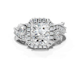 White gold Radiant Cut Halo Diamond Ring with Milgrain and Bezel Accents on a Split Shank Band_3