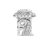 White gold Radiant Cut Halo Diamond Ring with Milgrain and Bezel Accents on a Split Shank Band_8