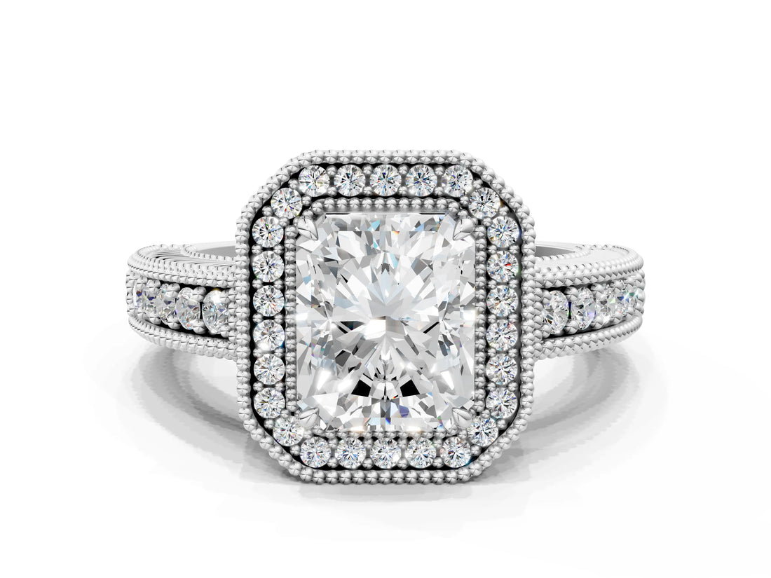 White gold Radiant Cut Halo Diamond Ring with Pavé Band and Four-Prong Setting_74
