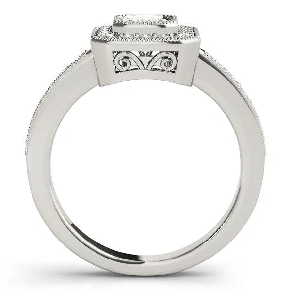 White gold Radiant-Cut Halo Diamond Ring with Pavé Band and Milgrain Prong Setting