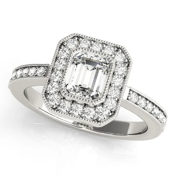 White gold Radiant-Cut Halo Diamond Ring with Pavé Band and Milgrain Prong Setting