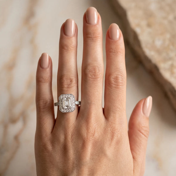 White gold Radiant-Cut Halo Diamond Ring with Pavé Band and Milgrain Prong Setting