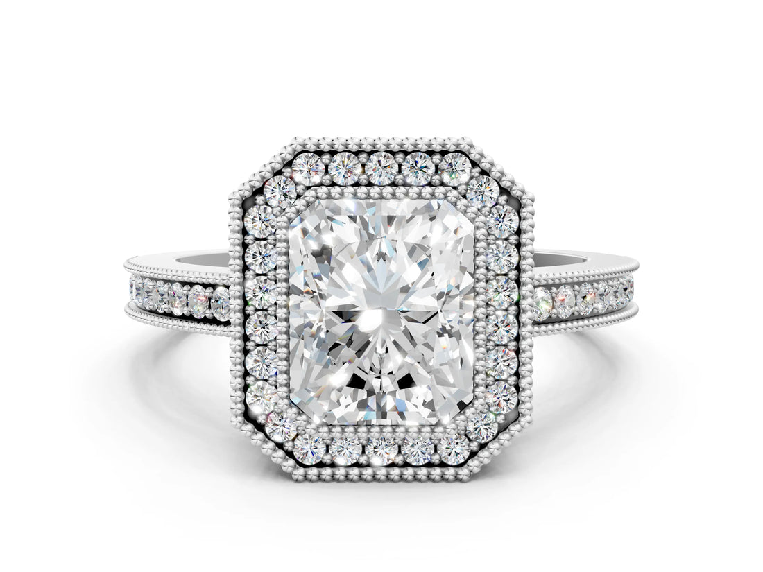 White gold Radiant Cut Halo Diamond Ring with Pavé Band and Milgrain Prong Setting_76