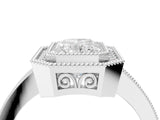 White gold Radiant Cut Halo Diamond Ring with Pavé Band and Milgrain Prong Setting_77