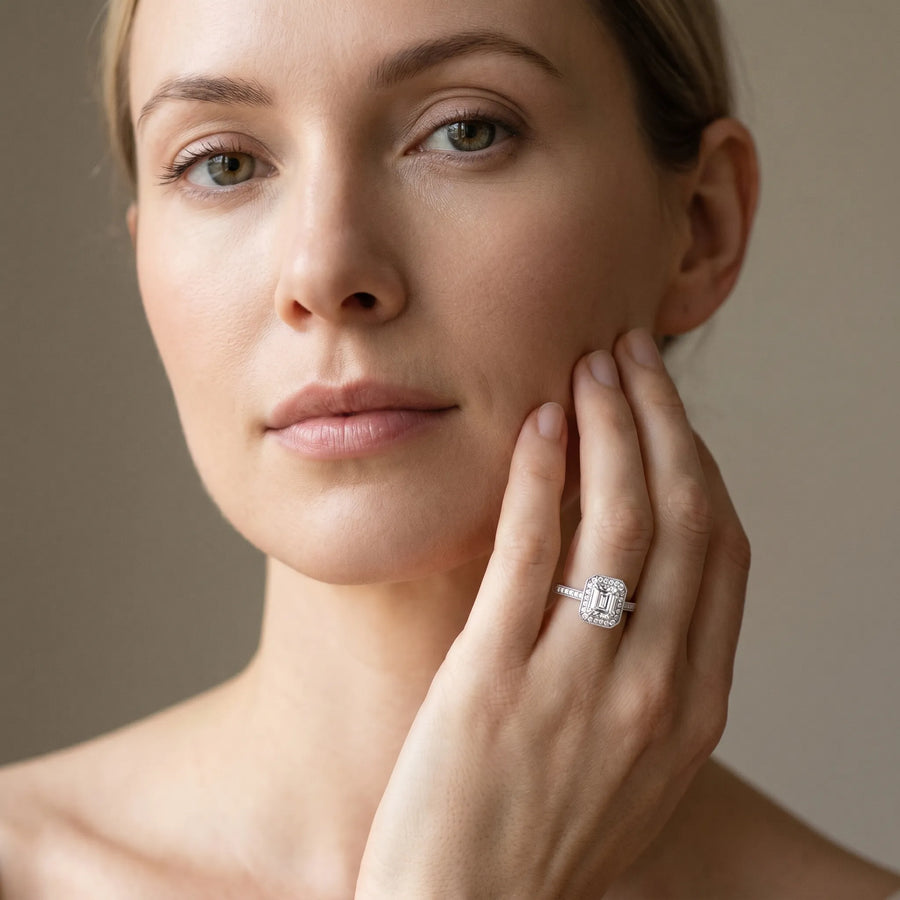 White gold Radiant-Cut Halo Diamond Ring with Pavé Band and Milgrain Prong Setting
