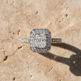 White gold Radiant-Cut Halo Diamond Ring with Pavé Band and Milgrain Prong Setting_9